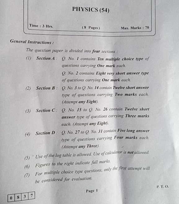 Maharashtra Board 12th Physics Question Paper, Answer Key and Paper